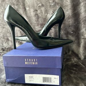 Stuart Weitzman Fever Black Leather Pointed Toe Stiletto Pumps.  8.5